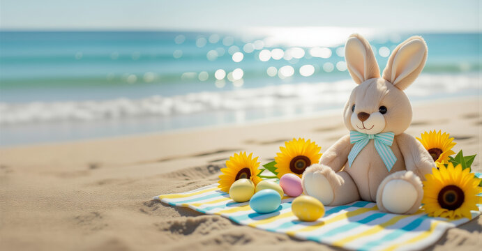 Easter plush bunny with pastel eggs and sunflowers on striped blanket at sunny beach, festive seasonal background with copy space for holiday celebration design - Powered by Adobe