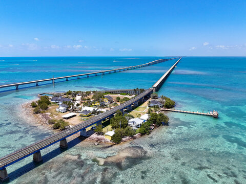 Aerial view of historic Pigeon Key along the old seven mile bridge next to the new seven mile bridge in Monroe County, Florida. 