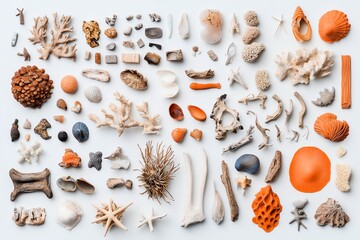 Collection of natural elements like shells and stones in diverse shapes and textures, arranged flat on a white surface.