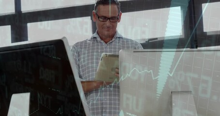 Finance analyst tapping touchscreen tablet reviewing data and activating charts with rising arrows - Powered by Adobe