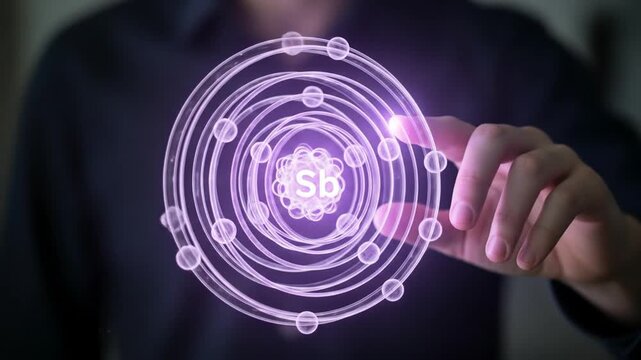 Scientist interacting with a futuristic holographic projection of the Antimony (Sb) atom, symbolizing advances in chemistry and technology