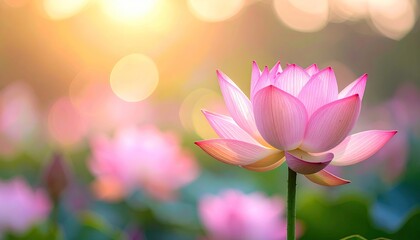 Radiant Pink Lotus Flower with Golden Sunlight Bokeh Effect in Soft Focus Blooming in Serene Garden, Petals with Water Droplets