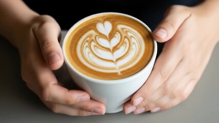 A latte art in a white cup is held by two hands against a grey and dark backdrop - Powered by Adobe