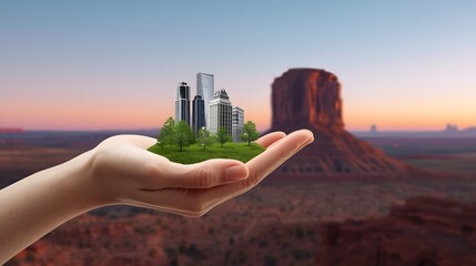 Surreal conceptual image of a human hand holding a miniature cityscape with skyscrapers, trees, and grass, set against a desert canyon at sunset, symbolizing sustainability, innovation, and harmony be