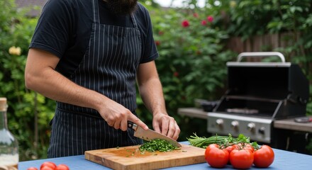 Chef with apron slicing vegetables in outdoor kitchen
