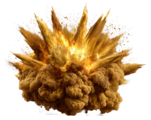 Explosion cloud dust fire energy digital analytics element high fidelity clipart dramatic isolated impact burst orange yellow brown smoke power destruction dynamic abstract force visual effect