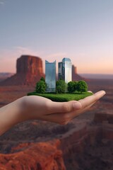 Surreal conceptual image of a human hand holding a miniature cityscape with skyscrapers, trees, and grass, set against a desert canyon at sunset, symbolizing sustainability, innovation, and harmony be