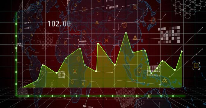 Opening on red grid, neon green 3D-render line graph connecting data points revealing trend shifts