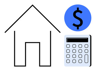 House outline, calculator, and dollar sign emphasizing real estate cost, mortgage, and household budget. Ideal for planning, investment, savings, economy taxes affordability simple flat metaphor
