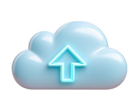 Cloud upload arrow blue icon 3D data storage technology digital symbol isolated glossy internet transfer network computing modern communication sign illustration futuristic web information concept - Powered by Adobe