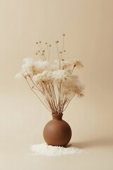 Minimalist still life composition featuring a round ceramic vase with dried pampas grass and seed pods on a neutral beige background, creating an elegant, modern, and natural home decor aesthetic suit