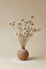 Minimalist still life composition featuring a round ceramic vase with dried pampas grass and seed pods on a neutral beige background, creating an elegant, modern, and natural home decor aesthetic suit