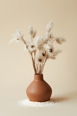 Minimalist still life composition featuring a round ceramic vase with dried pampas grass and seed pods on a neutral beige background, creating an elegant, modern, and natural home decor aesthetic suit