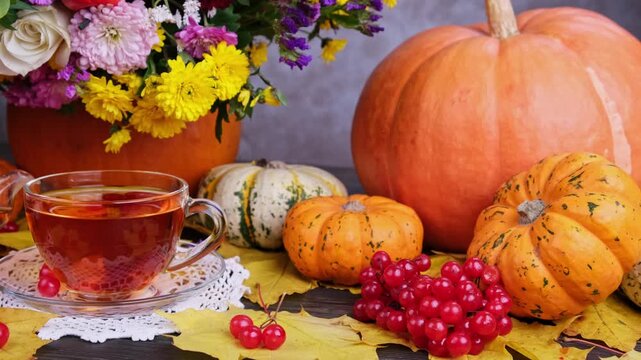 A still life of a cup of tea, pumpkins, and autumn flowers. 4K video.