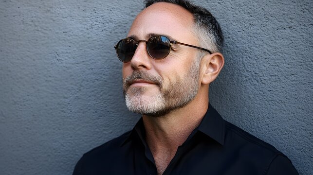 Stylish man with sunglasses leaning against a textured wall in a thoughtful mood - Powered by Adobe