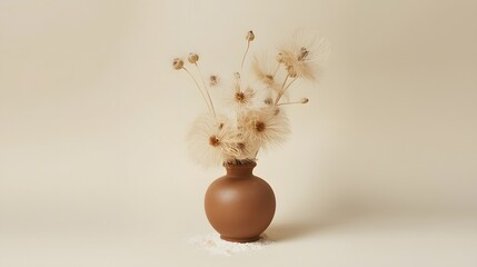 Minimalist still life composition featuring a round ceramic vase with dried pampas grass and seed pods on a neutral beige background, creating an elegant, modern, and natural home decor aesthetic suit