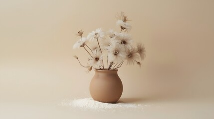 Minimalist still life composition featuring a round ceramic vase with dried pampas grass and seed pods on a neutral beige background, creating an elegant, modern, and natural home decor aesthetic suit