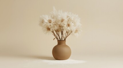 Minimalist still life composition featuring a round ceramic vase with dried pampas grass and seed pods on a neutral beige background, creating an elegant, modern, and natural home decor aesthetic suit