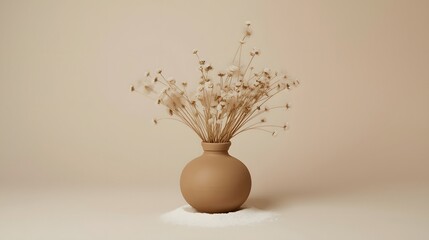 Minimalist still life composition featuring a round ceramic vase with dried pampas grass and seed pods on a neutral beige background, creating an elegant, modern, and natural home decor aesthetic suit
