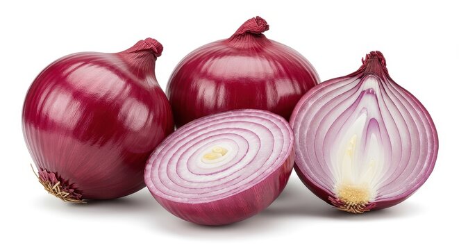 Close up of fresh red onions cut and whole on a white backdrop - Powered by Adobe