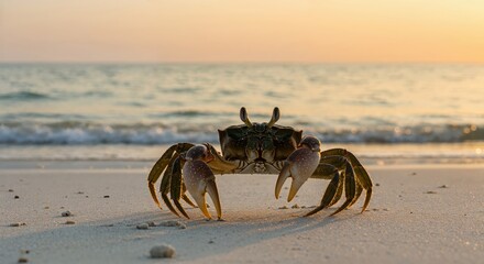 Obraz premium Crab at Beach: A captivating close-up unveils a solitary crab basking in the tranquil embrace of a sandy beach, overlooking the gentle waves. Capture the beauty of marine life.