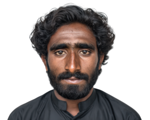 Pakistani man portrait curly hair black beard traditional clothing serious expression isolated on transparency background close up adult male dark eyes natural look