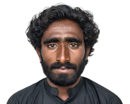 Pakistani man portrait curly hair black beard traditional clothing serious expression isolated on transparency background close up adult male dark eyes natural look