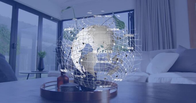 Faint holographic grid materializing above coffee table, forming rotating globe showing data points - Powered by Adobe