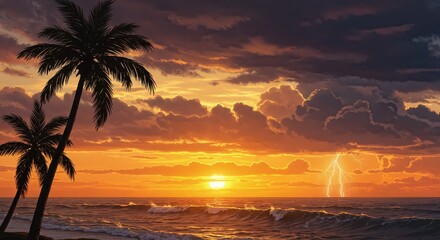 Obraz premium Tropical Sunset Scene: The sun dips below the horizon, casting a warm glow over a tranquil beach as palm trees stand silhouetted against a canvas of vibrant hues, waves gently roll towards the shore.
