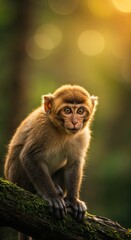 Fototapeta premium Curious Monkey in Sunlight: An adorable monkey perched on a branch, captivating viewers with its inquisitive gaze, lit by the warm glow of the setting sun, capturing the essence of wildlife curiosity.