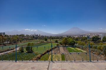 Photographs of the Arequipa viewpoint, mountains in the White City of Peru, panoramic view of the Misti and Chachani volcanoes, perfect for postcards.