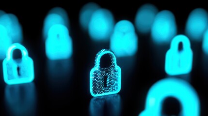 Cyber Fortress: A digital landscape of luminous locks represents robust security, protection and privacy, each emblem symbolizes a secure gateway.