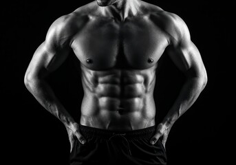 Fototapeta premium Muscular Physique: An artistic portrayal of a chiseled male physique, showcasing defined muscles in a striking monochrome.