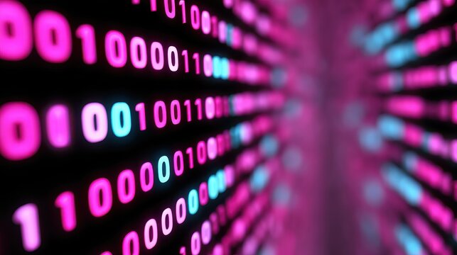 Binary Code Symphony: A visually captivating artistic illustration of digital data streams, the image embodies the intricate beauty of binary code flowing in vibrant shades of pink and turquoise.
