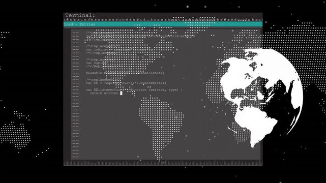 Fading terminal window revealing modules, scrolling code over dotted world map near fixed globe