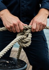 Mastering the Knot: A close-up perspective showcases an adept individual's hands skillfully tying a complex knot, highlighting precision and nautical expertise.