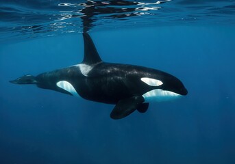 Obraz premium Majestic Orca Underwater: A powerful orca gracefully swims beneath the sea, its striking black and white pattern and sleek form creating a mesmerizing display in the depths. 