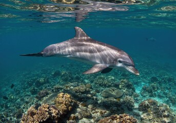 Fototapeta premium Dolphin swimming Underwater: A majestic dolphin glides gracefully through the crystal-clear ocean, captured in stunning detail with coral reefs beneath.