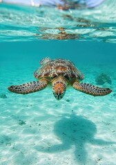Obraz premium Sea Turtle's Aquatic Serenity: A majestic sea turtle glides gracefully through the crystal-clear water, creating a serene image of marine life in its natural habitat.