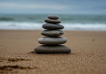 Zen Stones on Beach: Serene image of stacked stones, a symbol of balance and tranquility, positioned on the soft sands of a peaceful beach with ocean vista