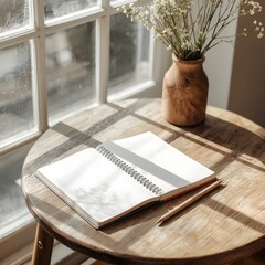 Bright morning light shining through a window onto a wooden table with a spiral notebook and pencil beside a small vase, creating a calm minimal workspace for writing, planning, or creative inspiratio