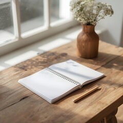 Bright morning light shining through a window onto a wooden table with a spiral notebook and pencil beside a small vase, creating a calm minimal workspace for writing, planning, or creative inspiratio