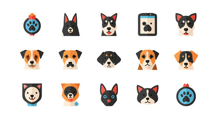 Fototapeta premium A collection of stylized geometric dog and cat head icons in a modern flat design style, isolated on a white background.