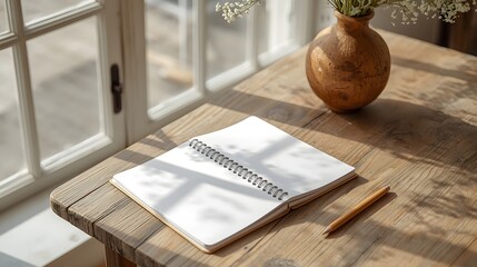 Bright morning light shining through a window onto a wooden table with a spiral notebook and pencil beside a small vase, creating a calm minimal workspace for writing, planning, or creative inspiratio