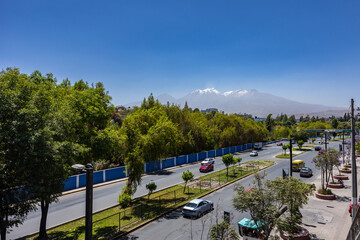 Photographs of the Arequipa viewpoint, mountains in the White City of Peru, panoramic view of the Misti and Chachani volcanoes, perfect for postcards.