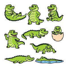 Set of Whimsical Green Crocodile Doodles in Various Poses on Transparent Background Cute Cartoon Alligators Reptiles Animal Character Illustrations