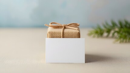Minimalist scene with a small gift wrapped in natural burlap and twine beside a blank white card on soft background, ideal for greeting, invitation, celebration, or product mockup presentation design