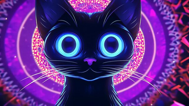 Neon cat portrait with glowing eyes against a vibrant, psychedelic background.