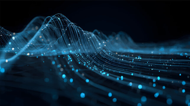 Abstract digital waves with glowing blue lines and particles on black background