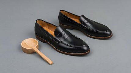 Elegant composition of black leather loafers with wooden spoon and small bowl on gray minimalist background, showcasing premium craftsmanship, modern masculine style, and luxury product design aesthet